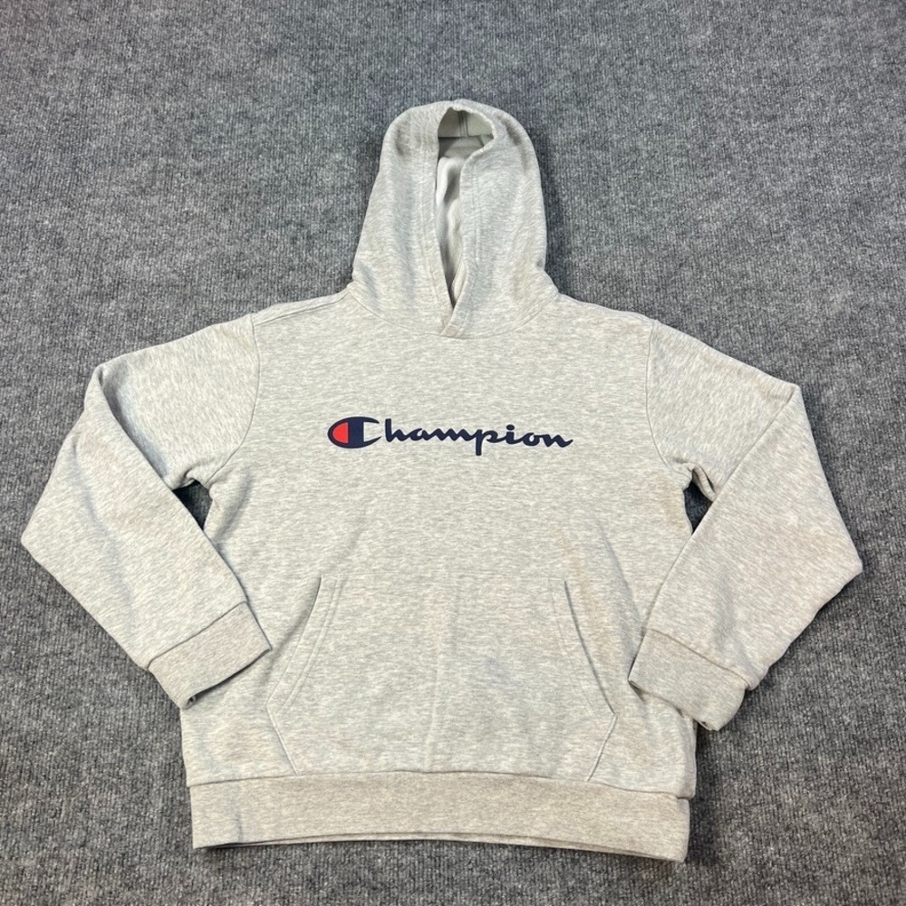 Champion Kids Grey Hoodie M (10/12) Youth Script Logo Pullover Fleece Streetwear